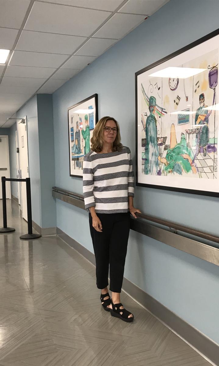 At Mount Sinai West surgical waiting area -
Artist with two knees alongside artist as patient -"Hospital Drawing" prints.